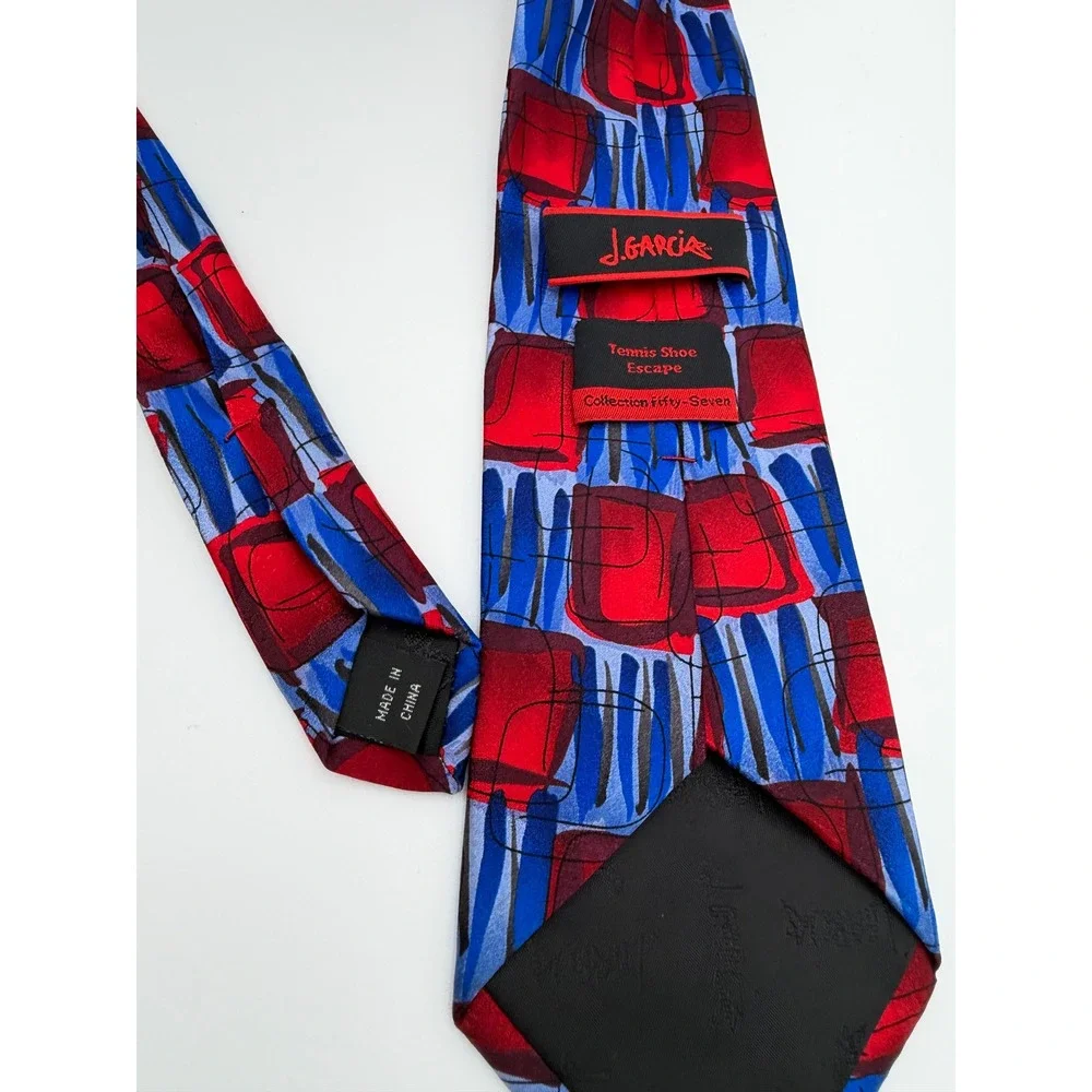 J. Garcia Mens Silk Tie Collection 57 Tennis Shoe Escape Red Blue Abstract Art